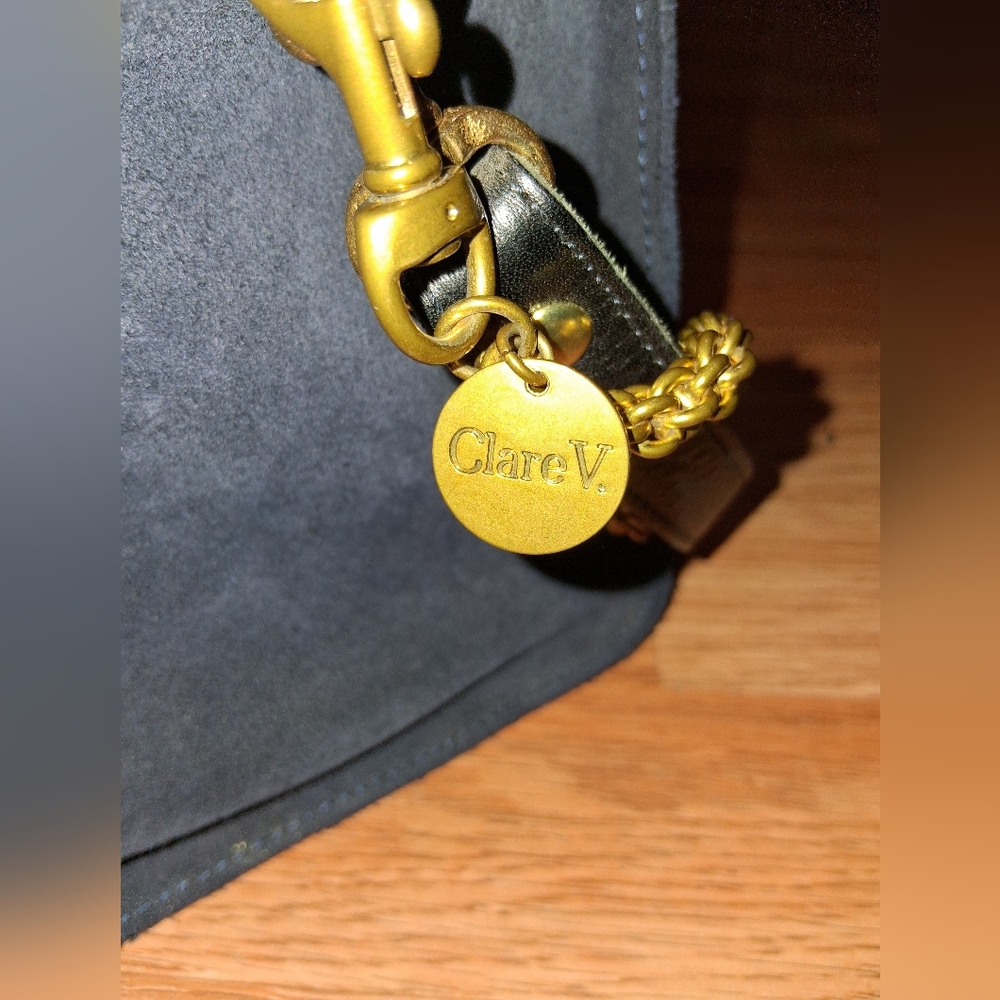 Clare V. Los Angeles Navy Suede Bag with Tan Leather Logo Patch - Picture 13 of 13